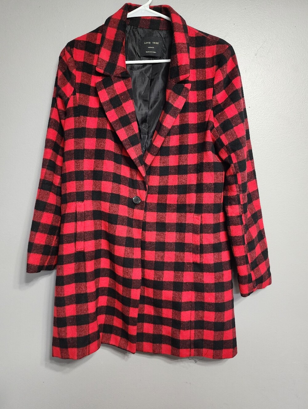 Love Tree Red & Black Buffalo Plaid Pea Coat